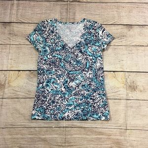 Lilly Pulitzer navy white teal short sleeve V-neck top size small